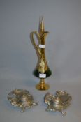 Pair of Silver Plated Ink Stands and a Gilt Decorated Claret Jug
