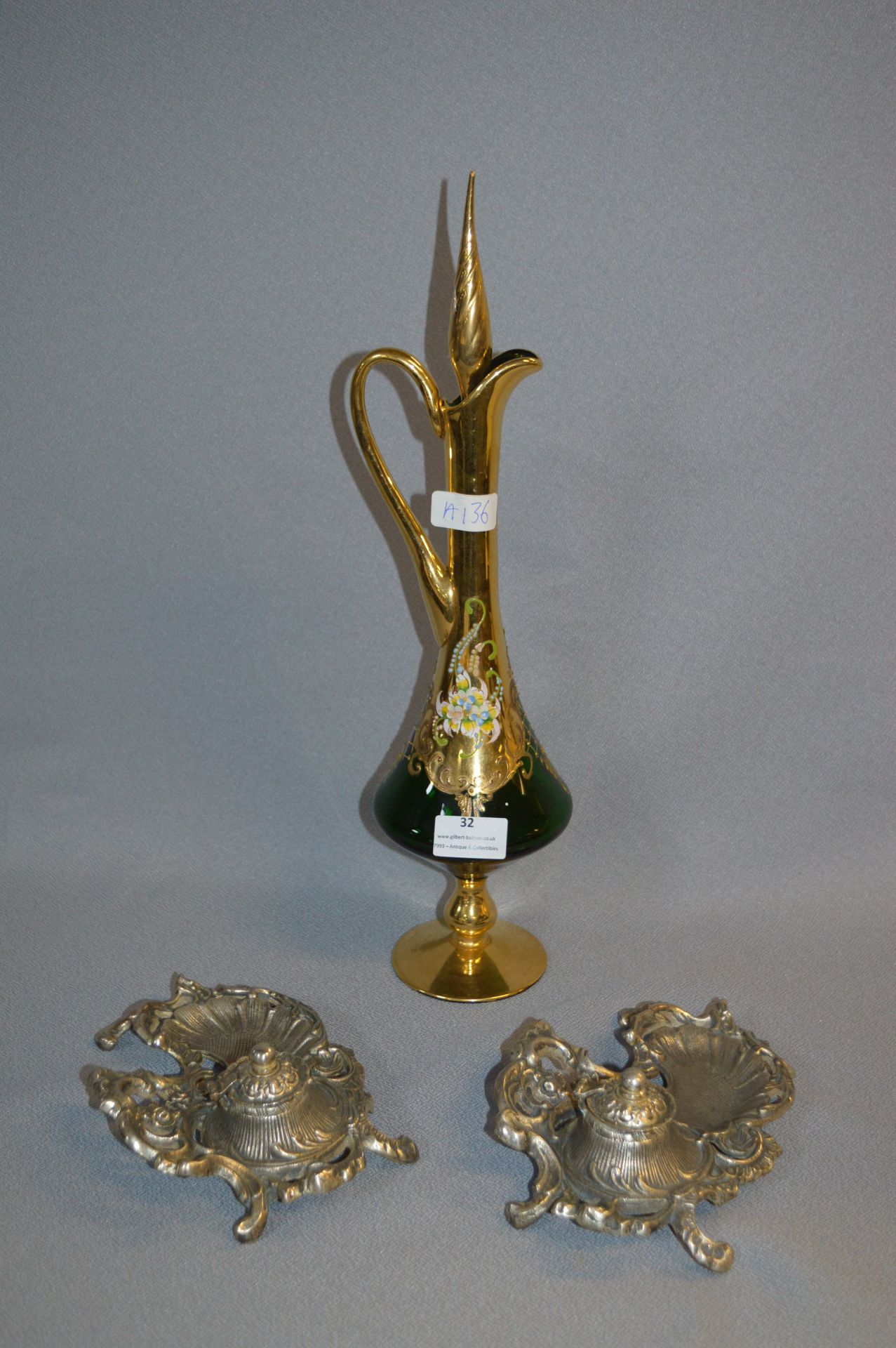 Pair of Silver Plated Ink Stands and a Gilt Decorated Claret Jug