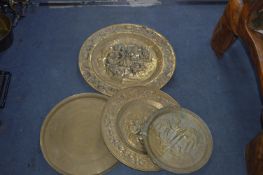 Large Embossed Brass Wall Plaques and an Indian Brass Tray