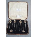 Cased Silver Coffee Spoon Set with Tongs - Sheffield 1926, approx 37g