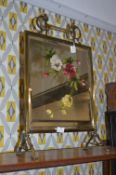 Victorian Brass FRamed Mirrored Flower Painted Firescreen