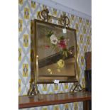 Victorian Brass FRamed Mirrored Flower Painted Firescreen