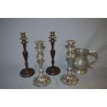 Silver Plated Candlesticks, Wooden Candlesticks and a Pewter Mug