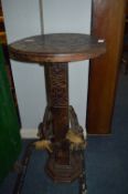 African Carved Wood Side Table with Tribal Figures Base