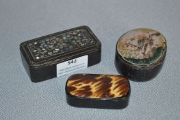 Three Japan Lacquered Snuff Boxes (One with Tortoise Shell Lid)