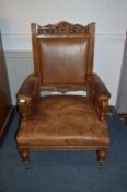 Victorian Oak Framed Armchair with Brown Leather Seat and Back