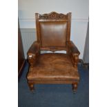 Victorian Oak Framed Armchair with Brown Leather Seat and Back