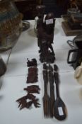 Treen Including Carved Wood Figurine, Mask, Fish and Serving Set