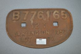Railway Goods Wagon Nameplate - Darlington 1957