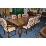 Large Planked Oak Refectory Table with Ten Upholstered Chair