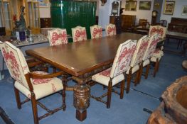 Large Planked Oak Refectory Table with Ten Upholstered Chair