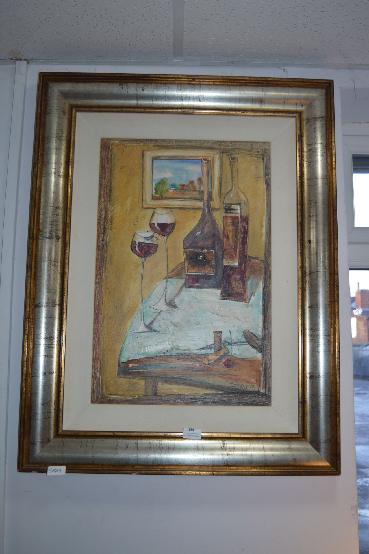 Framed Oil Painting on Board - Wine Bottles by Shana