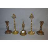 Indian Brass Bell, Candlestick and a Pair of Copper & Plated Candlesticks