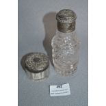 Cut Glass Silver Topped Sifter - Birmingham 1909, and a Small Silver Topped Glass Jar