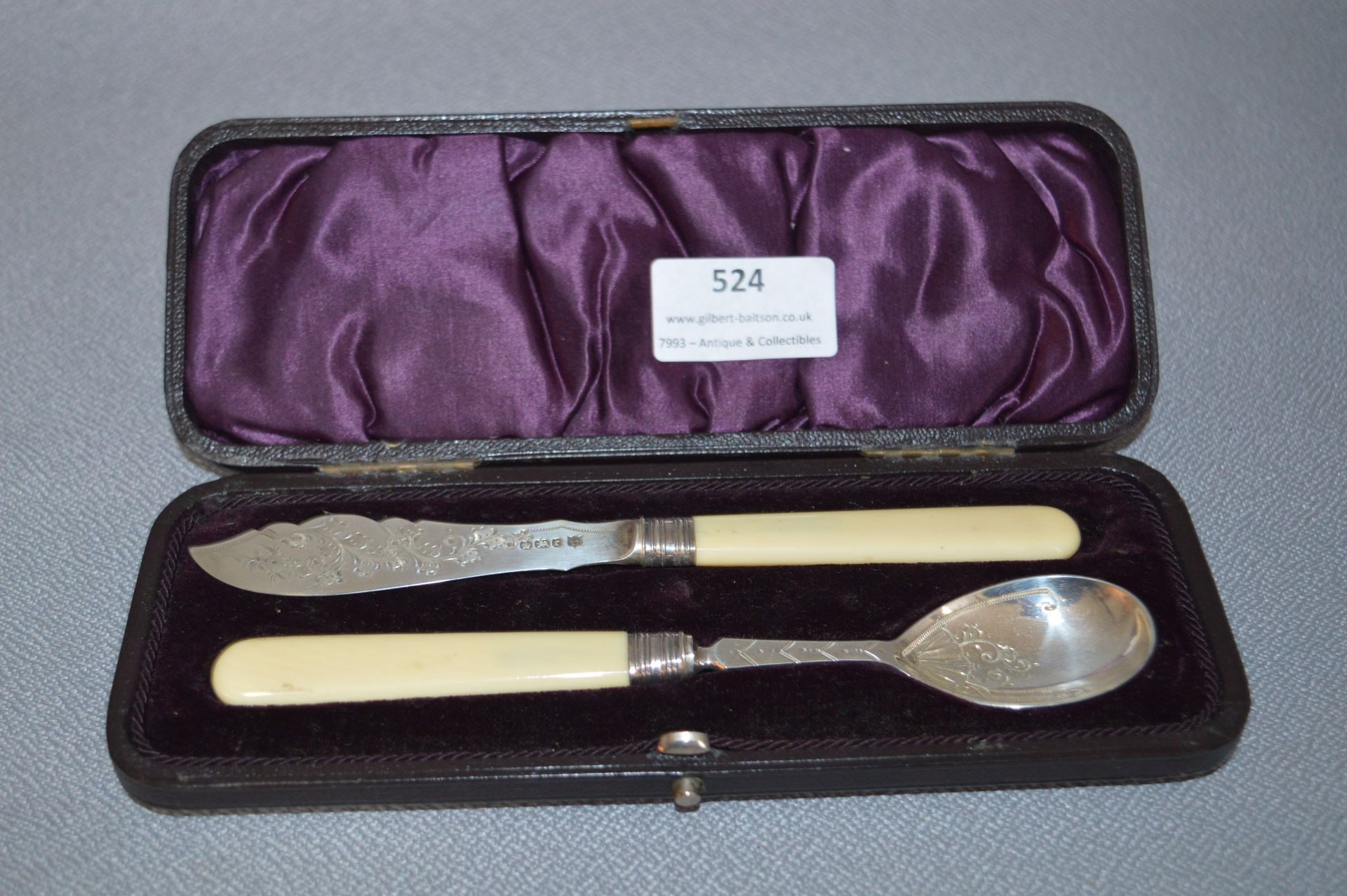 Engraved Silver Spoon & Knife Set with Bone Handles - J.D&S Sheffield 1895