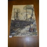 Ink & Watercolour - Industrial Dock Scene by L.M. Harrison