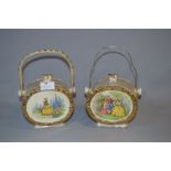 Two Gilt Decorated Pottery Biscuit Barrels with Crinoline Lady Decoration