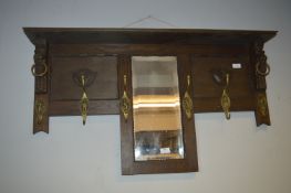 Wall Mounted Oak Shelf Six Hook Coat Rack with Central Mirror