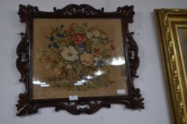 Victorian Carved Mahogany Framed Needlework Panel - Floral Still Life