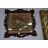 Victorian Carved Mahogany Framed Needlework Panel - Floral Still Life