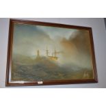 Framed Oil Painting on Canvas - Ship and Fishing Boat in Stormy Sea
