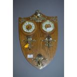 Decorative Wall Mounted Barometer Clock with Brass Coat Hooks on Oak Shield Panel Back