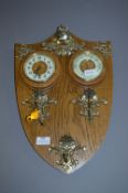 Decorative Wall Mounted Barometer Clock with Brass Coat Hooks on Oak Shield Panel Back