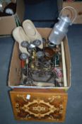 Box Containing Wrought Metal Magazine Rack, Candle Stand, Trinket Box, Clogs, Milk Can, etc.