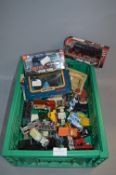 Box Containing Playworn Diecast Model Vehicles Including Majorette, Matchbox and Lledo Days Gone