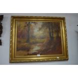 Large Gilt Framed Oil Painting on Canvas - Cattle & Shepherdess in Woodland Scene