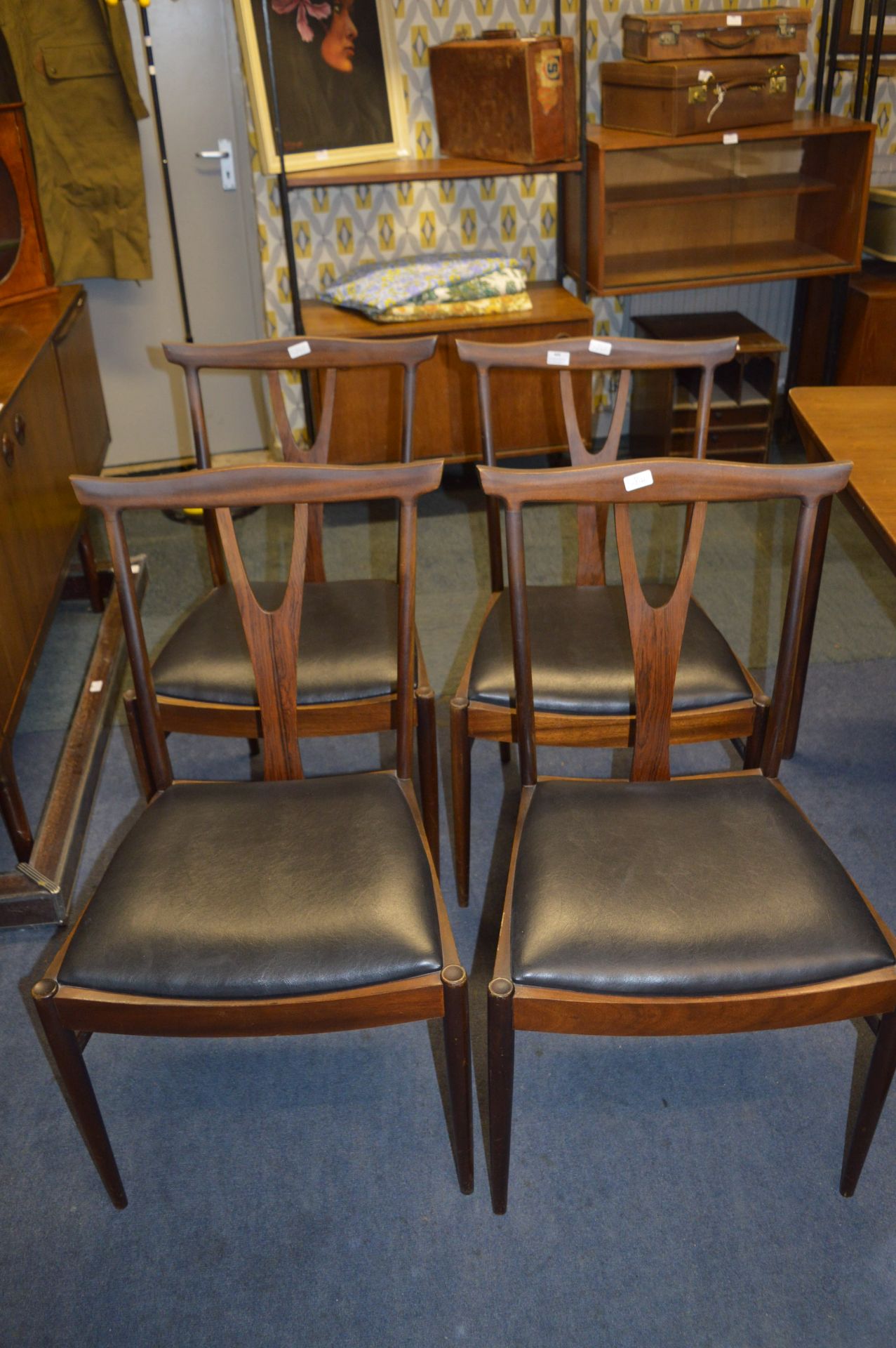 Set of Four Teak Dining Chairs with Black Leatherette Seats