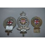 Three Royal Automobile Club Associate Mascot and Grill Badges with Union Jack Enamel Centres