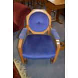 Art Deco Beech Framed Armchair with Blue Upholstery and Circular Panel Back