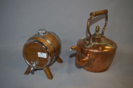 Oak & Chrome Barrel Decanter and a Brass Kettle