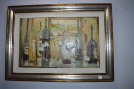 Large Framed Oil on Board - Wine Bottles by Shana