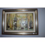 Large Framed Oil on Board - Wine Bottles by Shana