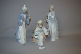 Nao Lladro Three Kings Figurines - Melchior with Chest, Gasper with Cup and Balthasar with Jug
