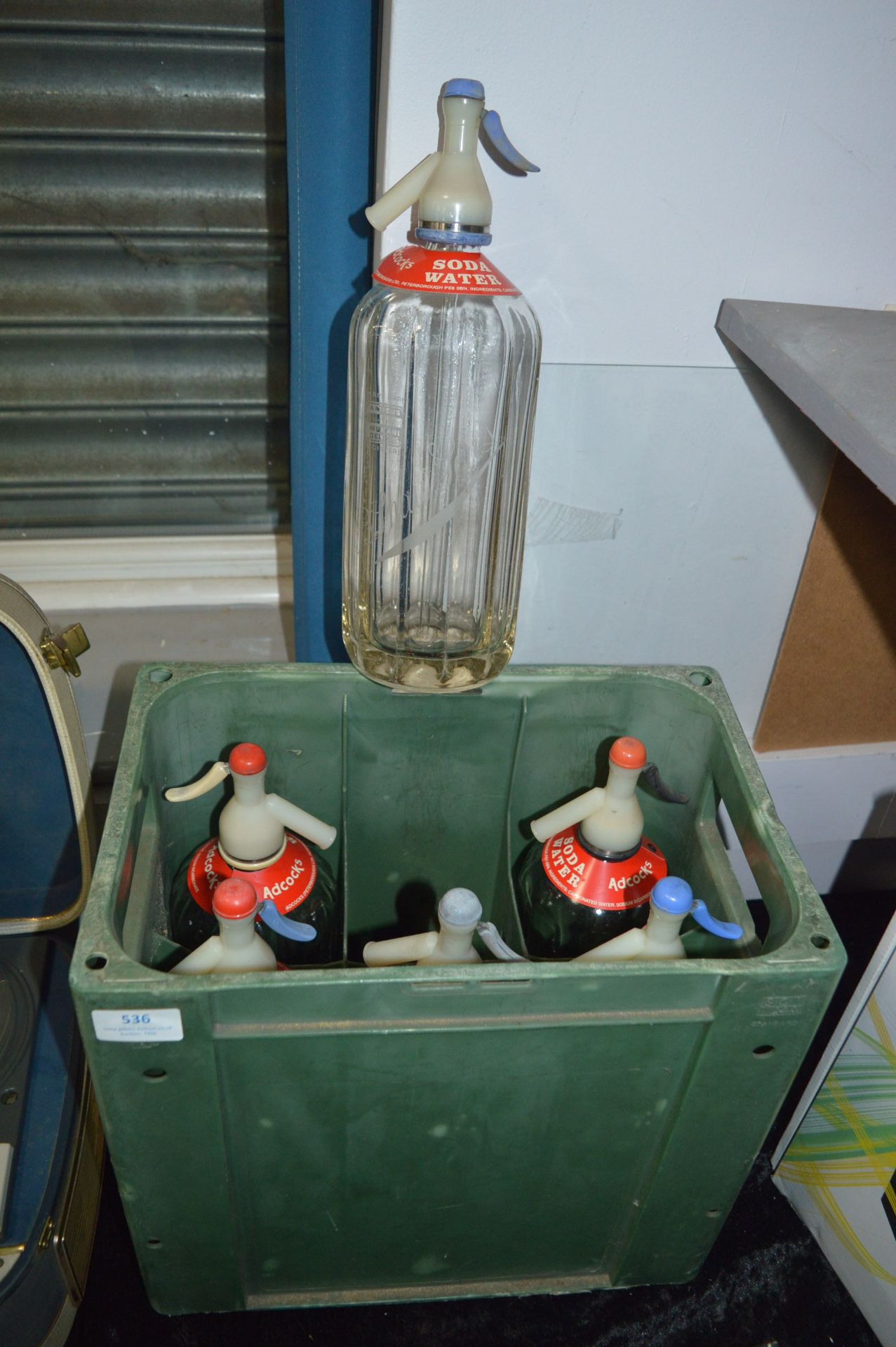 Bottle Crate with Six Soda Water Siphons