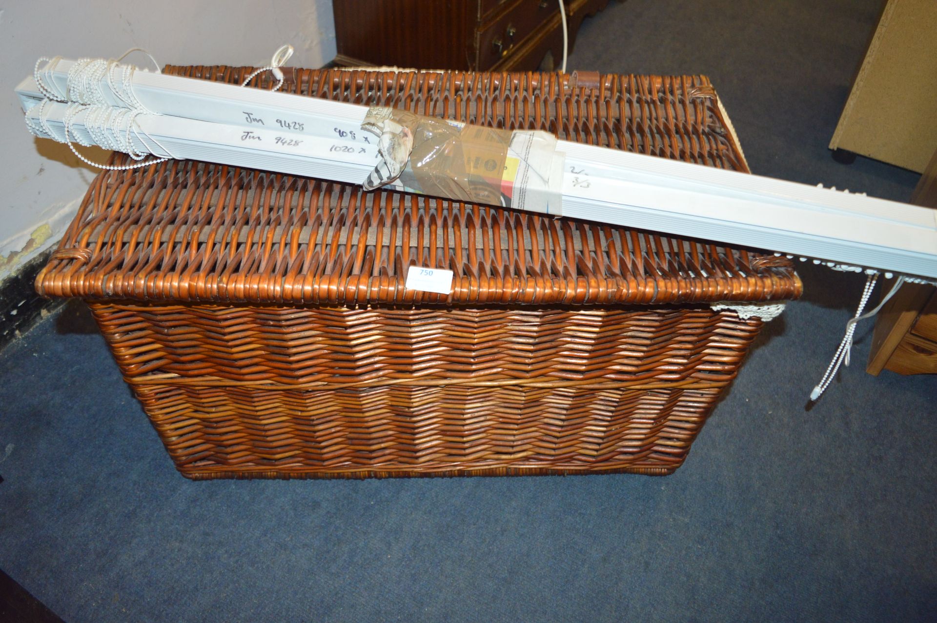 Wicker Storage Basket and Three Curtain Blinds