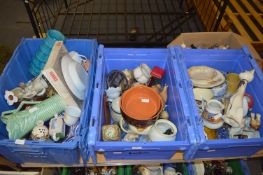 Three Blue Storage Boxes Containing Pottery, Glass