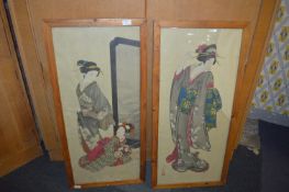 Pair of Framed Japanese Painting - Geisha Girls