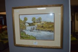 Watercolour - Countryside River Weir Scene by J.T.