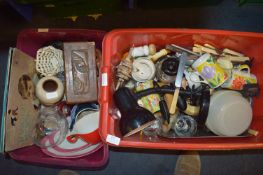 Two Red Storage Boxes Containing Kitchenware, Orna