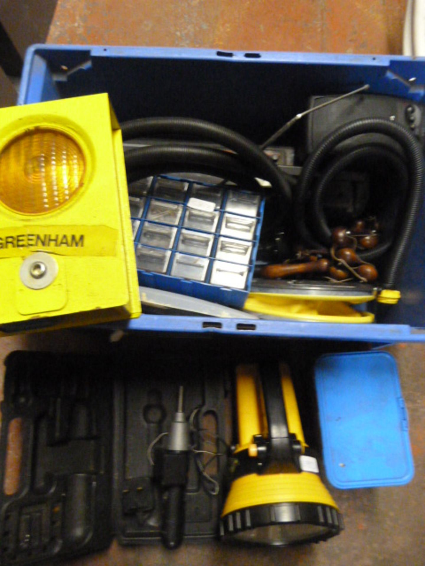 Box of Assorted Tools Including Site Lamp, Nail Dr