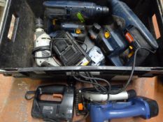 Box of Power Tools Including Drills, Jig Saw, Cord