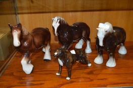 Three Pottery Shire Horses and a Staffordshire Bul