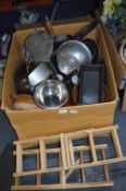 Large Box of Kitchen Items; Wok, Frying Pans, Roas