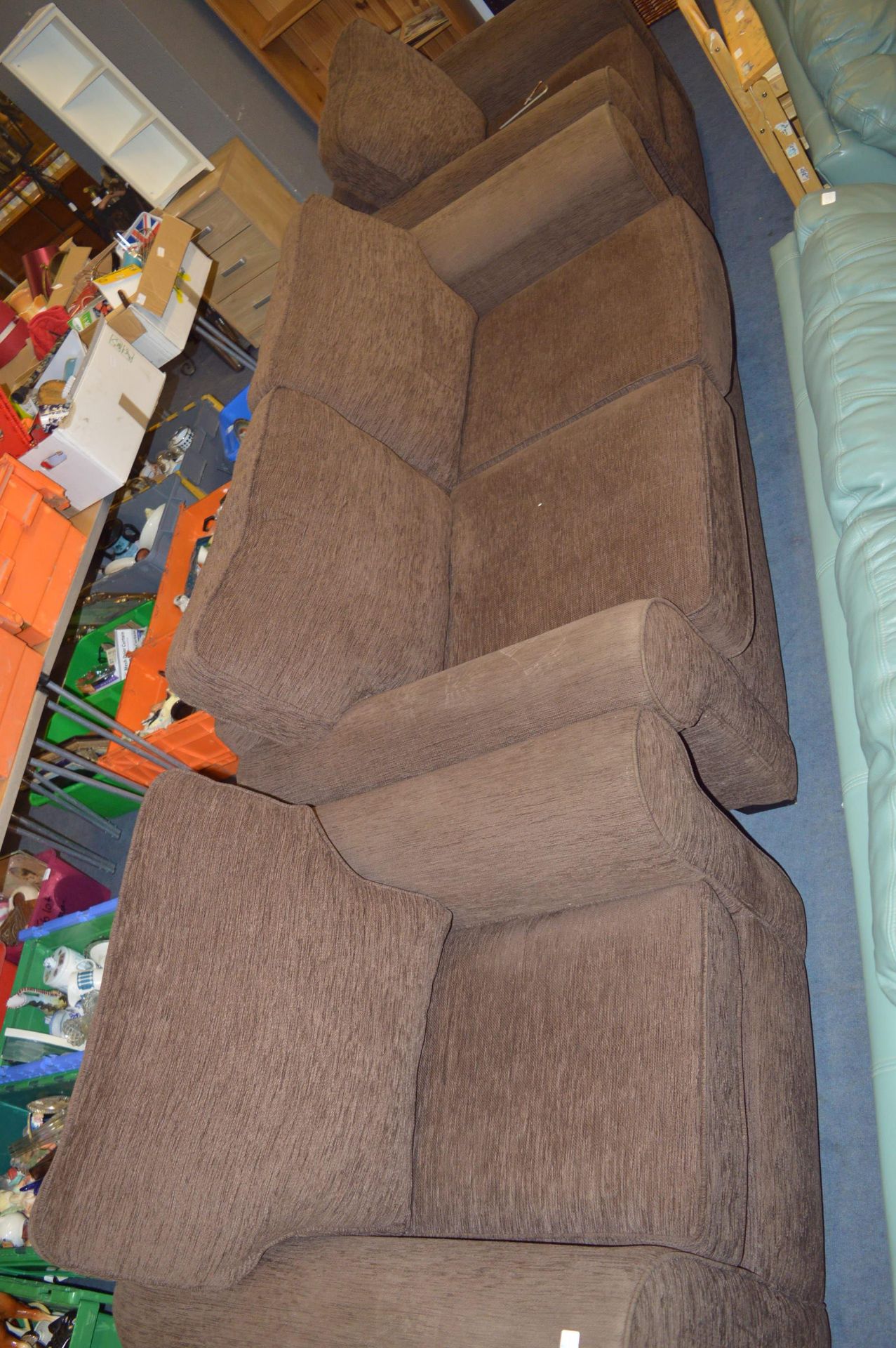 Brown Upholstered Three PIece Suite; Two Seat Seat