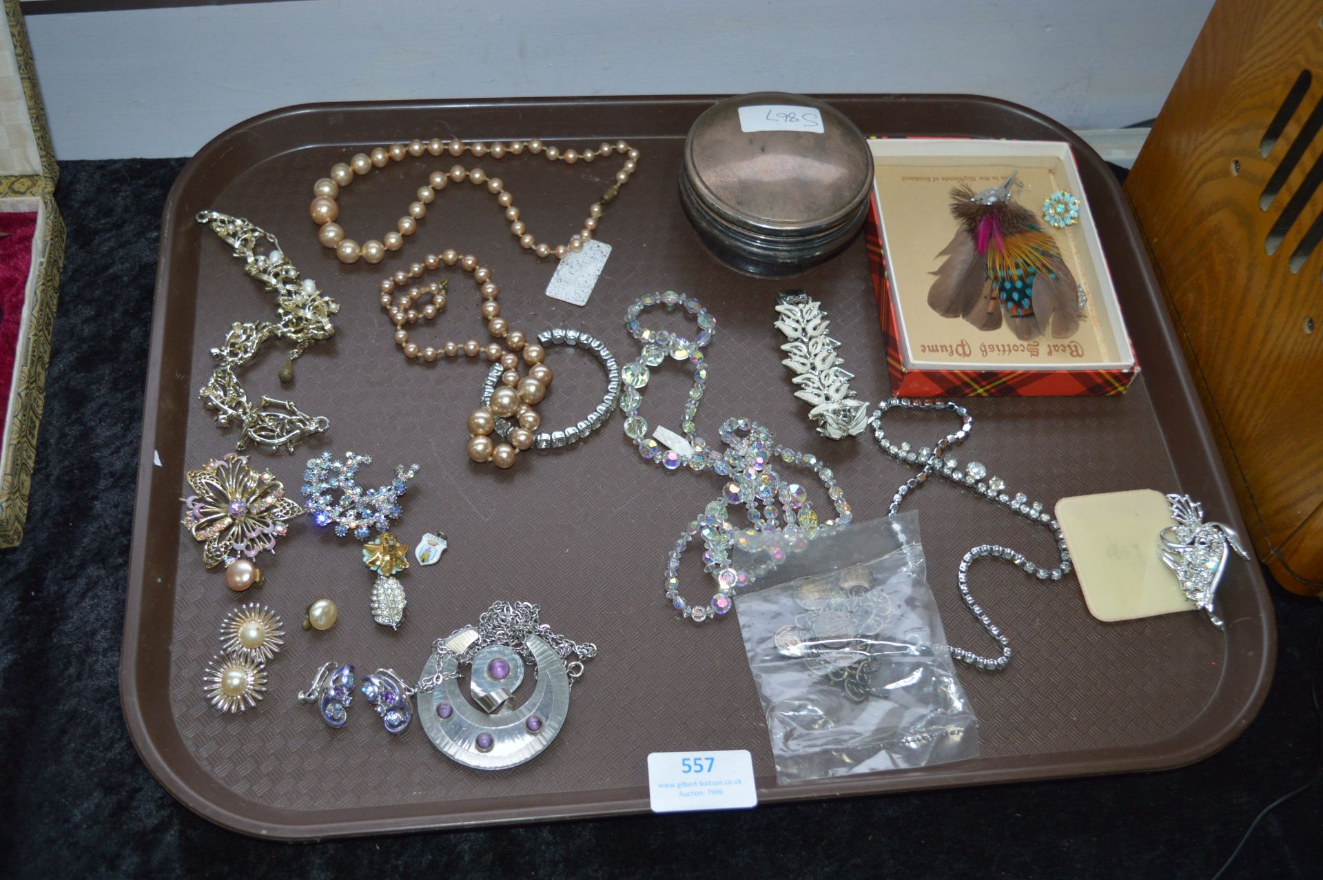 Tray Lot of Costume Jewellery, Necklaces, Charm Bracelet and a Silver Plated Trinket Box