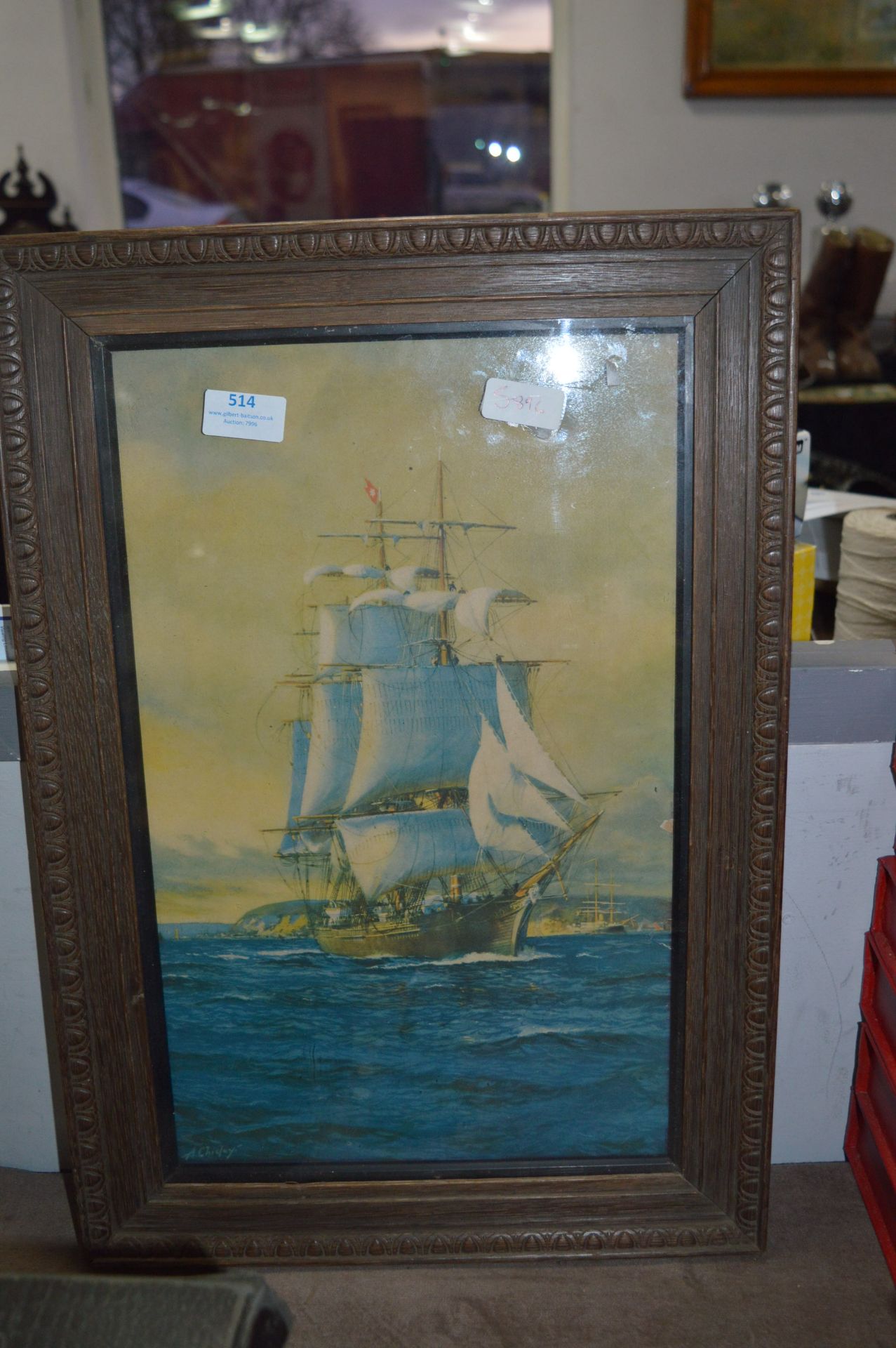 Oak Framed Coloured Print - Sailing Ship